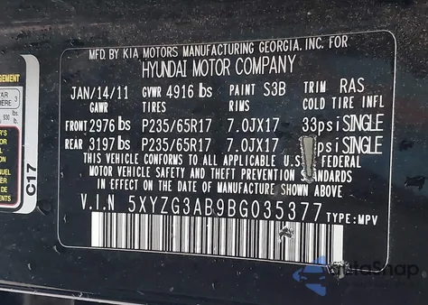 2011 Hyundai Santa Fe Gls z USA, uszkodzony, nr VIN 5XYZG3AB9BG035377